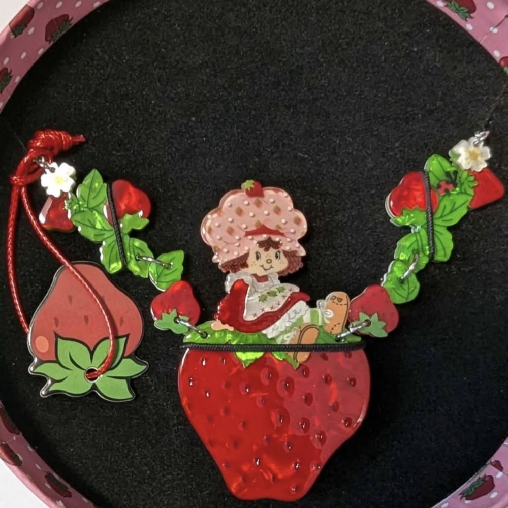 Strawberry Shortcake Cute Pink, Red & Green Berry Statement Necklace - Picture 4 of 5